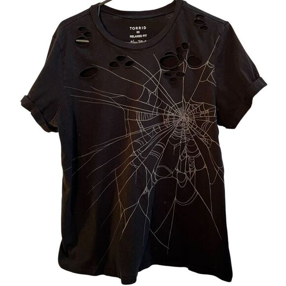 Torrid Womens Large Spider Web T Shirt Top Black Destructed Destroyed Relaxed - Picture 1 of 5